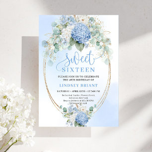 Script Blue Floral Gold Sweet 16 Birthday Invites