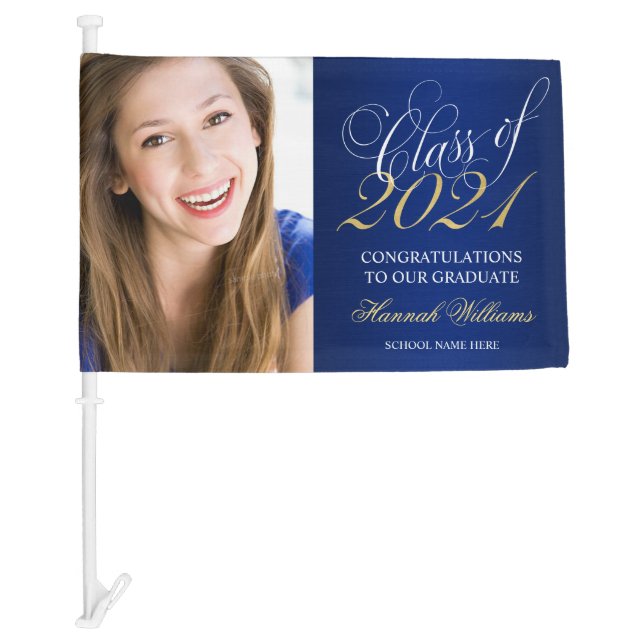 Script Blue Gold Class of 2021 Graduation Photo Car Flag (Front)