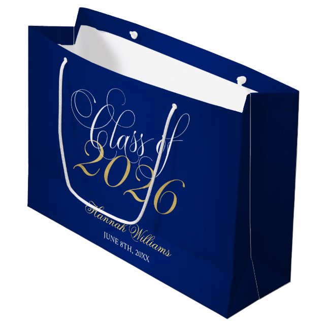 Script Blue Gold Class of 2026 Graduation Large Gift Bag (Front Angled)