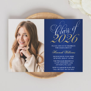 Script Blue Gold Photo Graduation Announcement