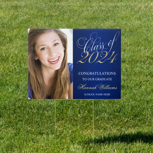 Script Blue Gold Photo Graduation Yard Sign (Insitu)