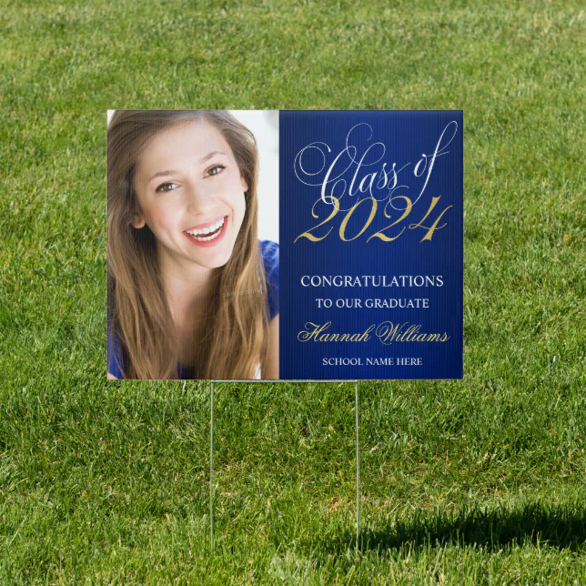 Script Blue Gold Photo Graduation Yard Sign | Zazzle