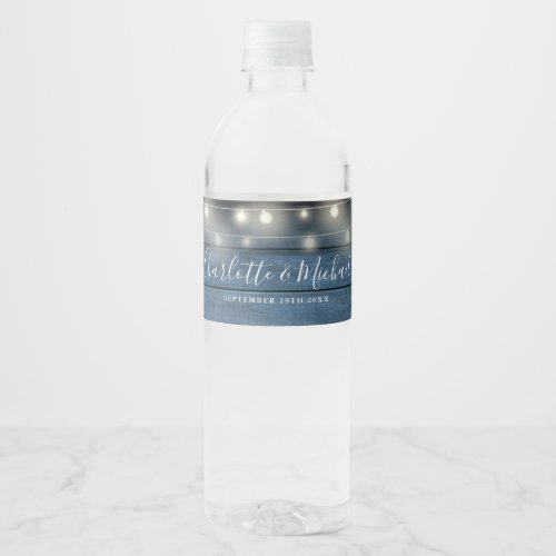 Script Blue Rustic Wood String Lights Wedding Water Bottle Label