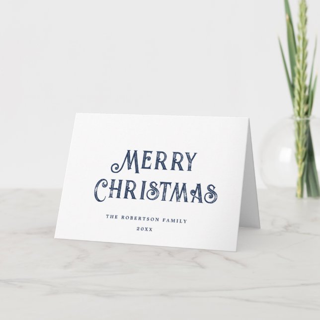 Script Blue & White Merry Christmas Non Photo  Holiday Card (Front)