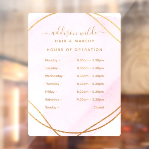 Script Blush Pink Watercolor Gold Business Hours Window Cling