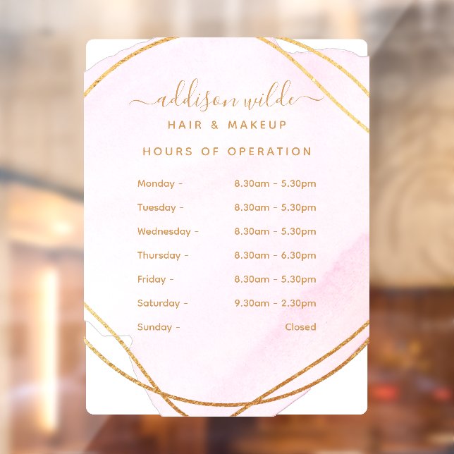 Script Blush Pink Watercolor Gold Business Hours Window Cling (Sheet 2)