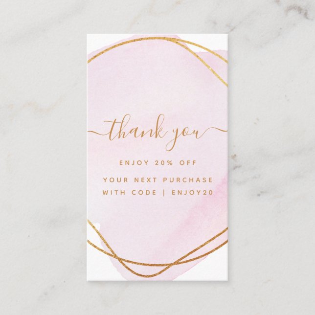 Script Blush Pink Watercolor Gold Circle Business Discount Card (Front)