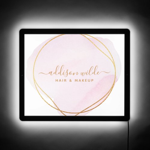 Script Blush Pink Watercolor Gold Circle Business LED Sign