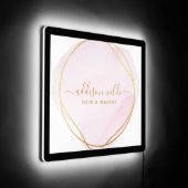 Script Blush Pink Watercolor Gold Circle Business LED Sign (Angle)