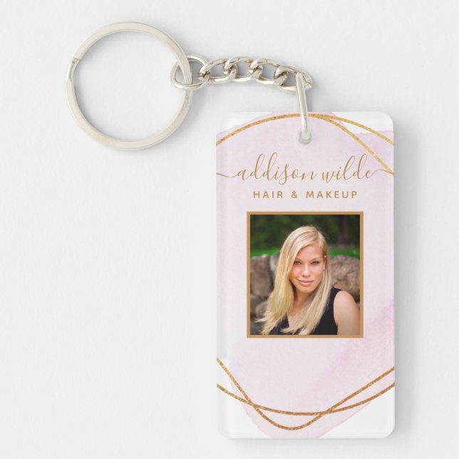 Script Blush Pink Watercolor Gold Circle Salon ID Keychain (Front)