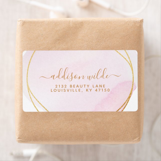 Script Blush Pink Watercolor Gold Circle Shipping Label (Insitu)