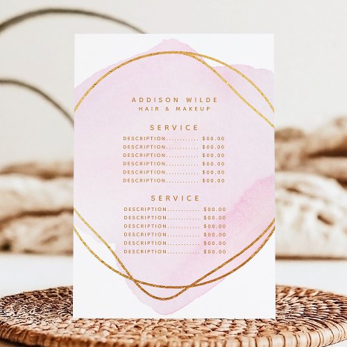 Script Blush Pink Watercolor Gold Service Price Menu