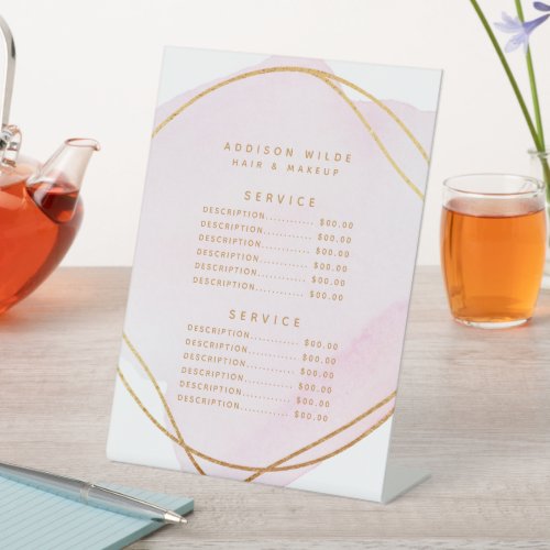 Script Blush Pink Watercolor Gold Service Price Pedestal Sign