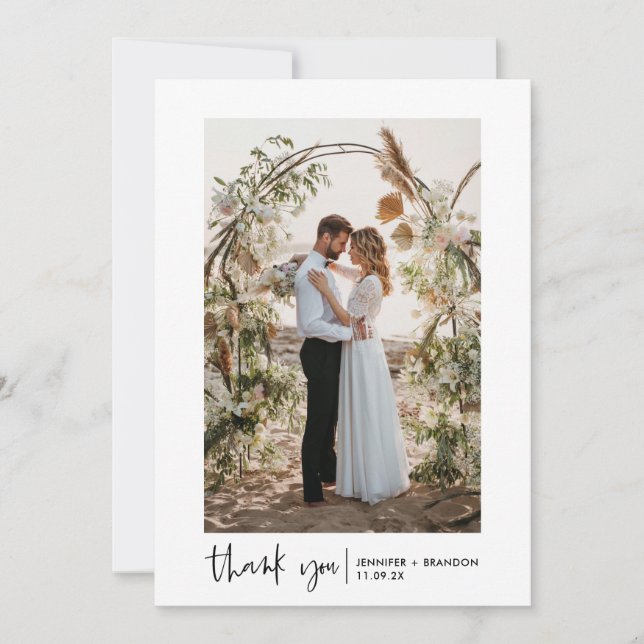 Script Boho Wedding Photo Thank you  Card (Front)