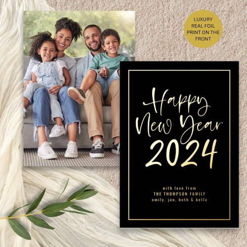 Script Border Happy New Year 2024 Photo Black Foil Holiday Card