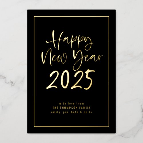 Script Border Happy New Year 2025 Photo Black Foil Holiday Card