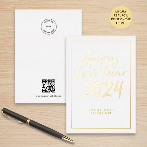 Script Border Logo QR Company Happy New Year 2024 Foil Holiday Card