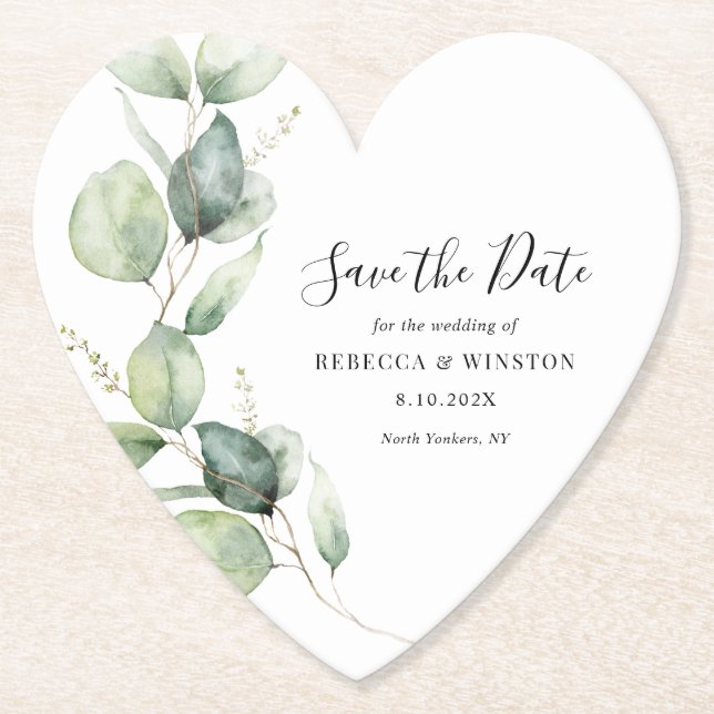 Script Botanical Eucalyptus Wedding Save the Date Paper Coaster (Front)
