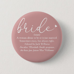 Script Bride Definition, Bridal Shower, Wedding Button