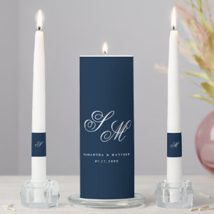 Script Bride Groom Monogram Navy Blue Wedding Unity Candle Set