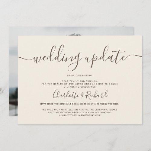 Script brown ivory wedding downsizing photo announcement