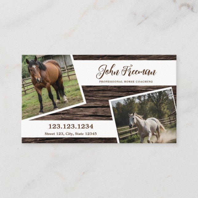 Script Brown Wood Texture Horse Photo Equine Business Card (Front)