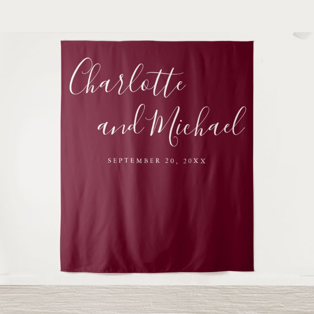 Script Burgundy Red Wedding Photo Booth Backdrop (Front)