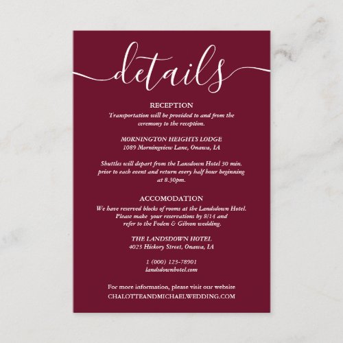 Script Burgundy Wedding Details Information Enclosure Card