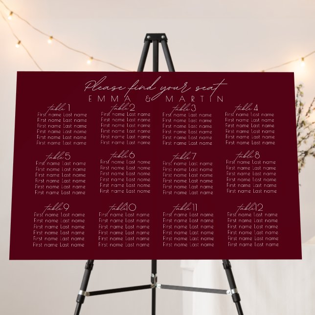 Script Burgundy Wedding Seating Chart Foam Board (In Situ (Stand))