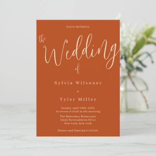 Script Burnt Orange Typography Wedding Invitation