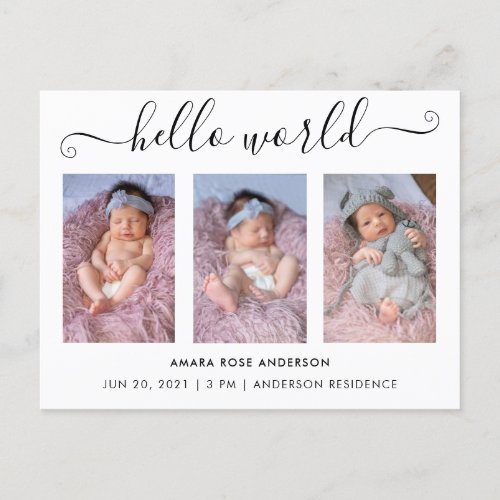 Script Calligraphy 3 Photo Hello World Birth Invitation Postcard