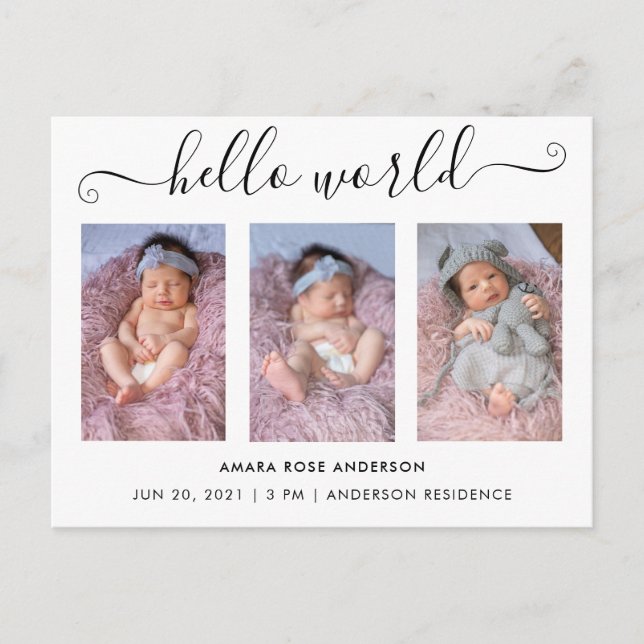 Script Calligraphy 3 Photo Hello World Birth Invitation Postcard (Front)