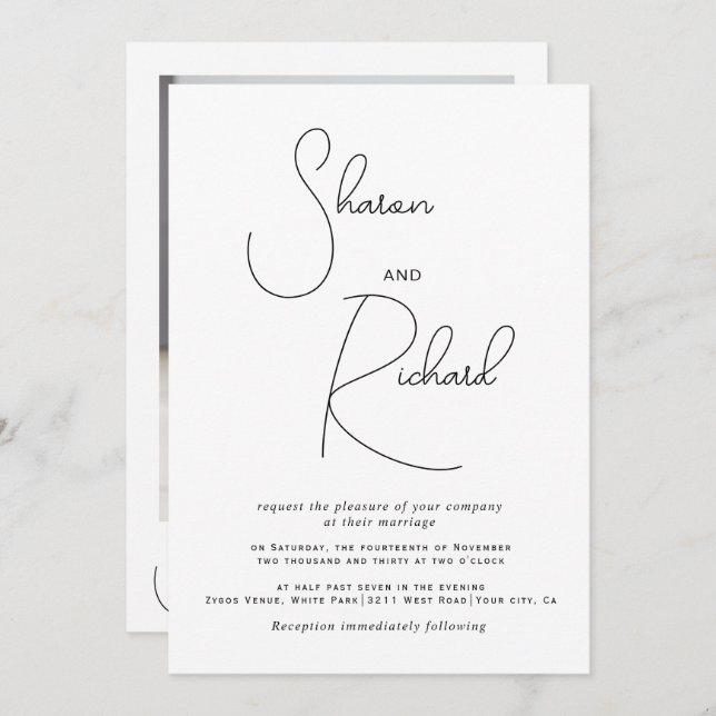 Script calligraphy black and white photo wedding invitation (Front/Back)
