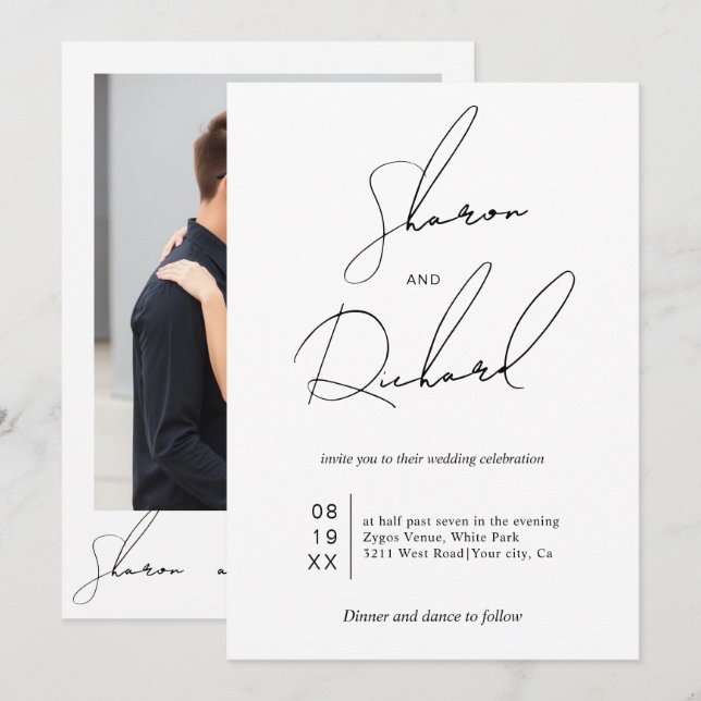 Script calligraphy black and white wedding photo invitation (Front/Back)