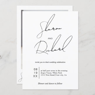 Script calligraphy black and white wedding photo invitation