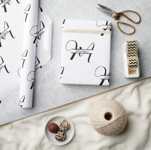 Script Calligraphy Black & White Monogrammed Name Wrapping Paper