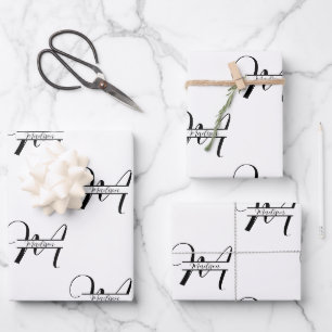 Script Calligraphy Black & White Monogrammed Name Wrapping Paper Sheets