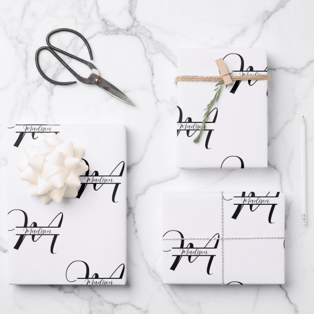 Script Calligraphy Black & White Monogrammed Name Wrapping Paper Sheets (Front)