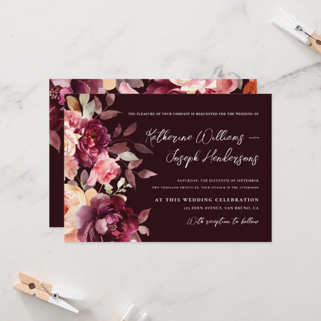 Script calligraphy Bouquet Floral Burgundy Wedding Invitation (Front/Back In Situ)