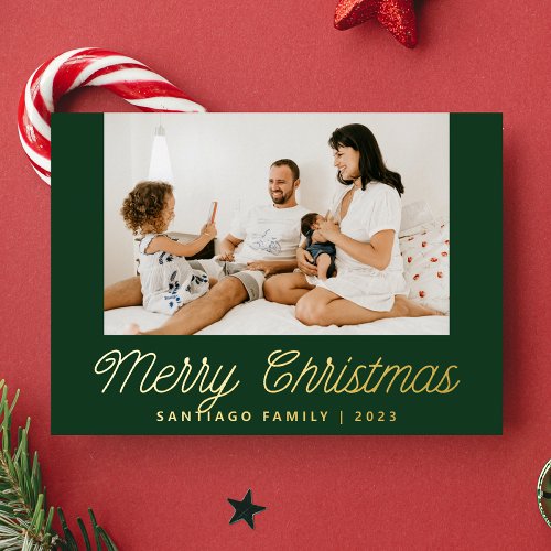 Script Calligraphy Family Photo Green Christmas Foil Holiday Card