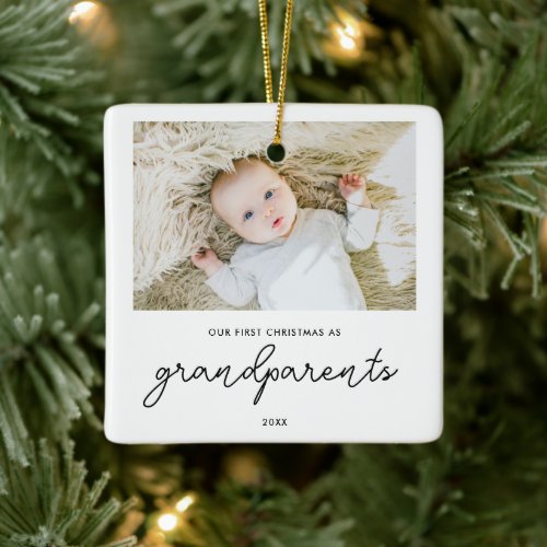 Script Calligraphy First Christmas As Grandparents Ceramic Ornament