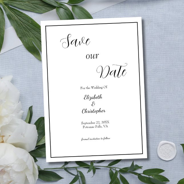 Script Calligraphy Formal Traditional  Wedding Save The Date (Black White Calligraphy Script Minimalist Modern Elegant  Wedding Save the Date Card)