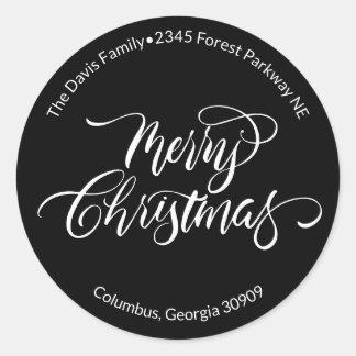 Script Calligraphy Merry Christmas Return Address Classic Round Sticker