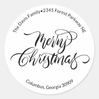 Script Calligraphy Merry Christmas Return Address Classic Round Sticker