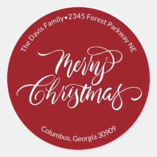 Script Calligraphy Merry Christmas Return Address Classic Round Sticker