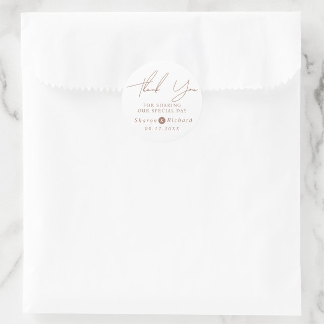 Script calligraphy mocha Thank You wedding Classic Round Sticker (Bag)
