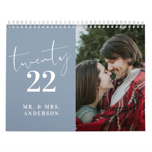 Script Calligraphy Newly Wed Photo Dusty Blue Calendar