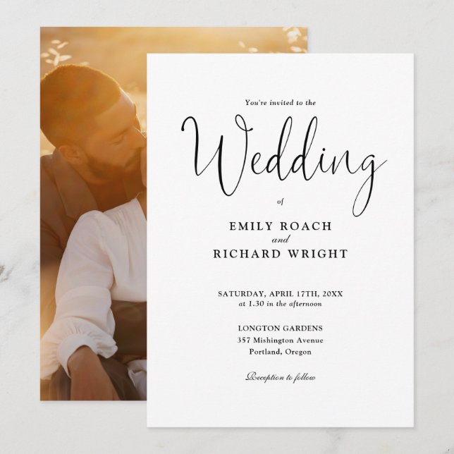 Script Calligraphy Photo Black And White Wedding Invitation (Front/Back)