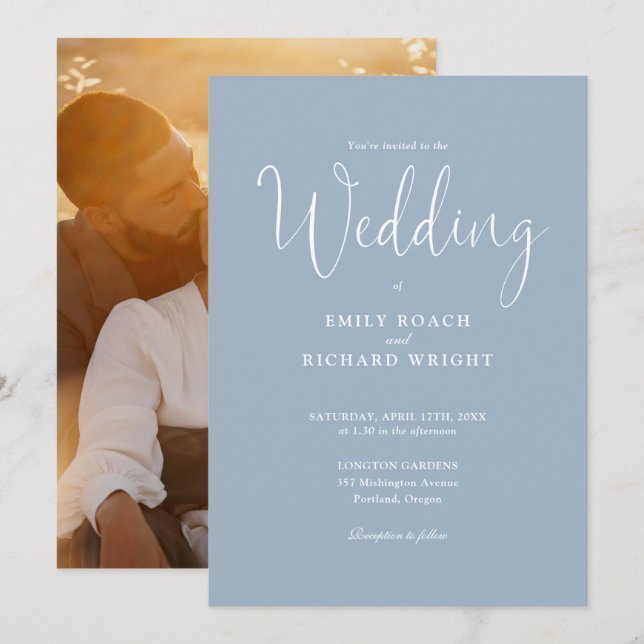 Script Calligraphy Photo Dusty Blue Wedding Invitation (Front/Back)
