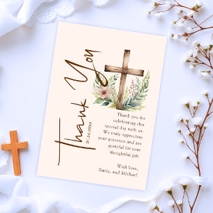 Script calligraphy Rustic Cross Greenery Baptism Thank You Card